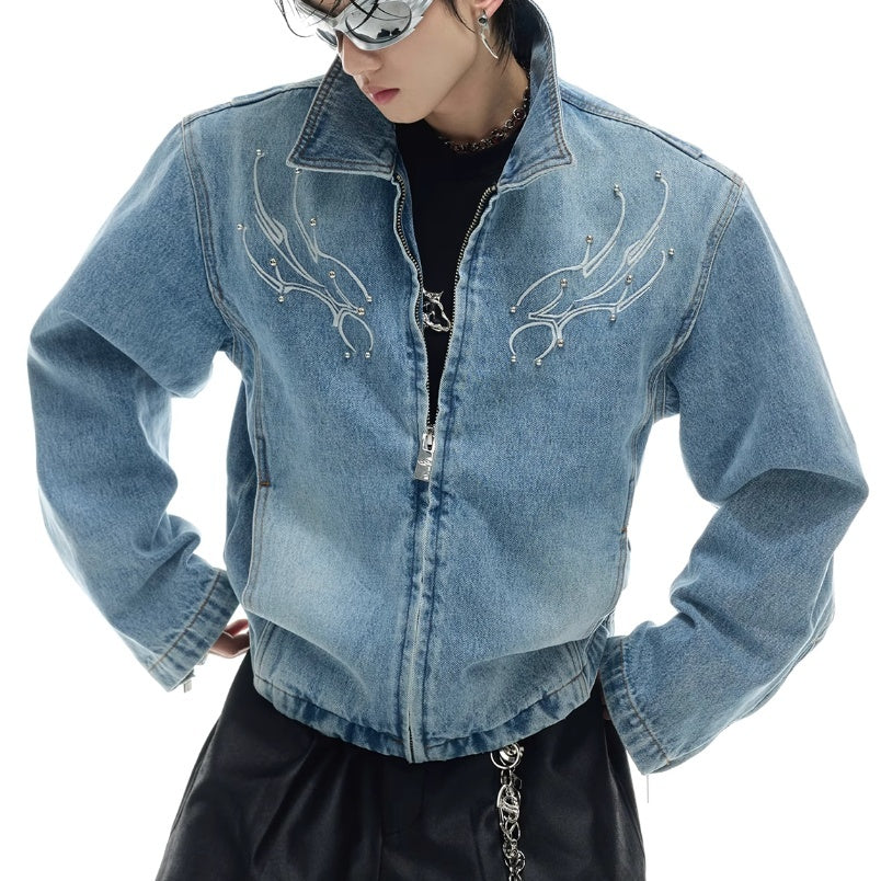 Heavy Retro Washed Rivet Backbone Denim Coat