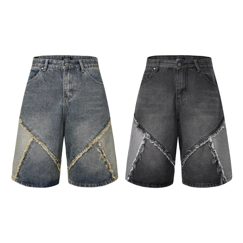 Worn Looking Washed-out Multi-colored Rough Edges Denim Shorts High-grade Personality Cropped Pants